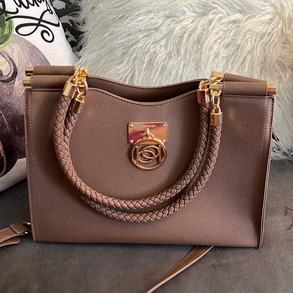 bebe Brown Braided Handle Satchel with Gold Hardware